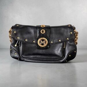 Black Shoulder Bag with Gold-Tone Chain and Stud Detail